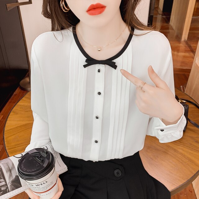 2022 Spring Women Chiffon Blouse Fashion O-Neck Long Sleeved Solid Color White Shirt Elegant Slim Office Lady Tops