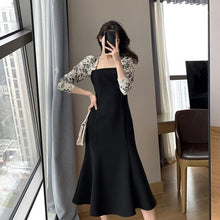 Load image into Gallery viewer, 2022 Spring Women Dress Floral Print Pleated Splicing Slim Elegant Square Collar Sexy Black Fashion Casual Dresses Korean Sweet