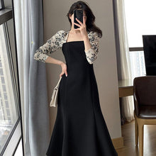 Load image into Gallery viewer, 2022 Spring Women Dress Floral Print Pleated Splicing Slim Elegant Square Collar Sexy Black Fashion Casual Dresses Korean Sweet