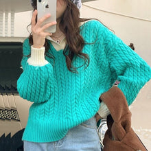 Load image into Gallery viewer, 2022 Spring Women Lapel Contrast Color Soft Pullover Knitted Tops Jumper Loose Casual Pink Green Long Sleeve Knitwear Pull Femme