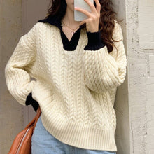 Load image into Gallery viewer, 2022 Spring Women Lapel Contrast Color Soft Pullover Knitted Tops Jumper Loose Casual Pink Green Long Sleeve Knitwear Pull Femme