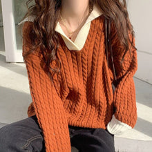 Load image into Gallery viewer, 2022 Spring Women Lapel Contrast Color Soft Pullover Knitted Tops Jumper Loose Casual Pink Green Long Sleeve Knitwear Pull Femme