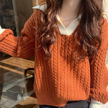 Load image into Gallery viewer, 2022 Spring Women Lapel Contrast Color Soft Pullover Knitted Tops Jumper Loose Casual Pink Green Long Sleeve Knitwear Pull Femme