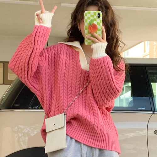 2022 Spring Women Lapel Contrast Color Soft Pullover Knitted Tops Jumper Loose Casual Pink Green Long Sleeve Knitwear Pull Femme