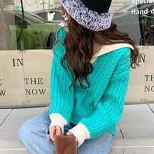 Load image into Gallery viewer, 2022 Spring Women Lapel Contrast Color Soft Pullover Knitted Tops Jumper Loose Casual Pink Green Long Sleeve Knitwear Pull Femme