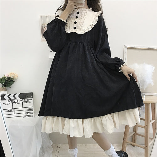 2022 Spring Women Sweet Lolita Dresses Japan Style Kawaii Dress Spliced Stand-up Collar Long Sleeve Fungus Robe Vestidos