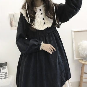 2022 Spring Women Sweet Lolita Dresses Japan Style Kawaii Dress Spliced Stand-up Collar Long Sleeve Fungus Robe Vestidos