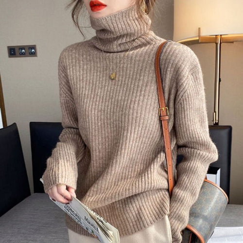 2022 Spring Women's Turtleneck Sweaters for Women Crop Sweater Fashion Khaki Black Basic Pull Vintage Femme Knit Top Jumper