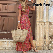 Load image into Gallery viewer, 2022 Summer Boho Long Dress Women Casual Paisley Print Belt Maxi Dress Elegant V Neck Short Sleeve Women&#39;s Beach Dress Vestidos