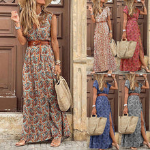 Load image into Gallery viewer, 2022 Summer Boho Long Dress Women Casual Paisley Print Belt Maxi Dress Elegant V Neck Short Sleeve Women&#39;s Beach Dress Vestidos