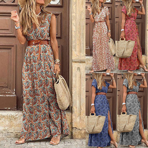 2022 Summer Boho Long Dress Women Casual Paisley Print Belt Maxi Dress Elegant V Neck Short Sleeve Women's Beach Dress Vestidos