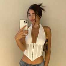 Load image into Gallery viewer, 2022 Summer Chic Breasted Backless Fashion Womens Clothing Black Casual Crop Top Rave Festival Sexy Halter Tops Shirt Streetwear