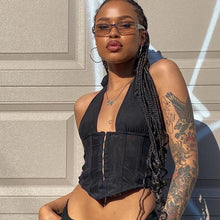 Load image into Gallery viewer, 2022 Summer Chic Breasted Backless Fashion Womens Clothing Black Casual Crop Top Rave Festival Sexy Halter Tops Shirt Streetwear