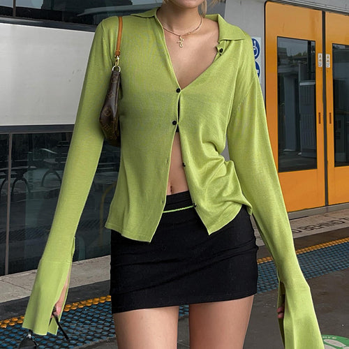 2022 Summer Chic Breasted Lapel Fashion Womens Clothing Green Long Sleeves Casual Rave Festival Sexy Tops Shirt Streetwear