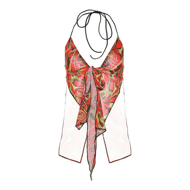 2022 Summer Chic Flowers Backless Fashion Women's Clothing  White Casual Crop Top Rave Festival Sexy Sling Zipper Tops Shirt