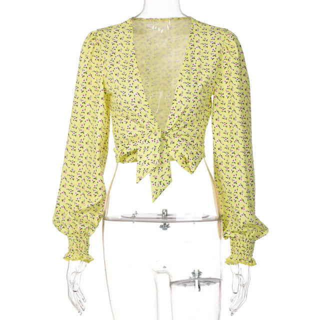 2022 Summer Chic Printing Fashion Women's Clothing Trumpet Long Sleeves Cardigan Crop Top Rave Festival Sexy Bandage Tops Shirt