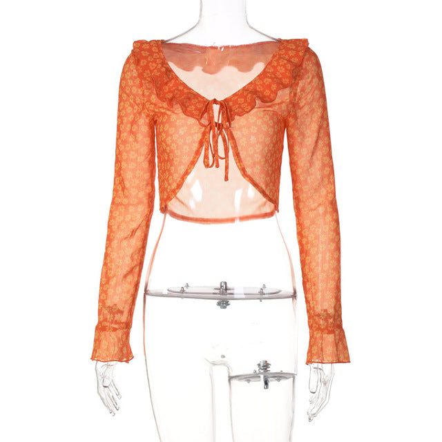 2022 Summer Chic Printing Fashion Women's Clothing Trumpet Long Sleeves Cardigan Crop Top Rave Festival Sexy Bandage Tops Shirt