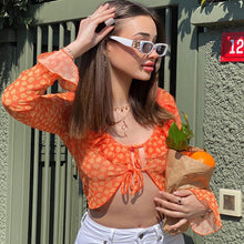 Load image into Gallery viewer, 2022 Summer Chic Printing Fashion Women&#39;s Clothing Trumpet Long Sleeves Cardigan Crop Top Rave Festival Sexy Bandage Tops Shirt
