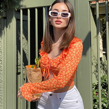 Load image into Gallery viewer, 2022 Summer Chic Printing Fashion Women&#39;s Clothing Trumpet Long Sleeves Cardigan Crop Top Rave Festival Sexy Bandage Tops Shirt