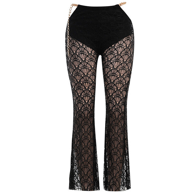 2022 Summer Design High Waist Solid Chain Transparent Lace Skinny Flared Trousers Streetwear Fashion Base Womens Casual  Pants