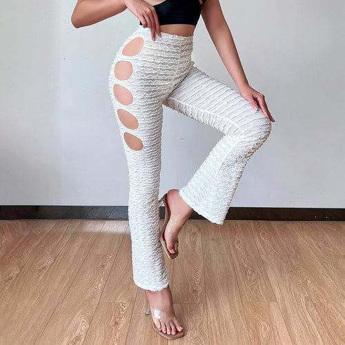 2022 Summer Design High Waist Solid Cutout Skinny Elasticity Flared Trousers Streetwear Fashion Base Womens Sports Casual Pants