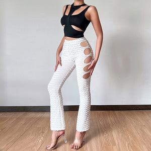 2022 Summer Design High Waist Solid Cutout Skinny Elasticity Flared Trousers Streetwear Fashion Base Womens Sports Casual Pants