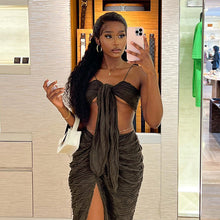 Load image into Gallery viewer, 2022 Summer Elegant Black Folds Bandage Sexy Slit 2 Piece Skirt Sets Women Fashion Outfits Dress Club Party Sets Top Matching