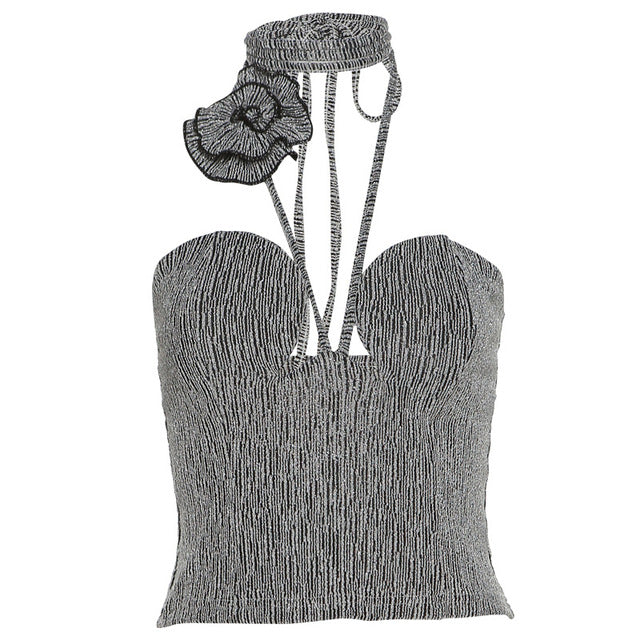 2022 Summer Elegant Chic Flowers Backless Fashion Women's Clothing Black Casual Crop Top Rave Festival Sexy Halter Tops Shirt