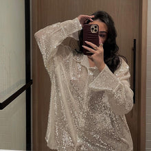 Load image into Gallery viewer, 2022 Summer Fashion Women&#39;s Clothing Silver Glitter Loose Long Sleeves Cardigan Shirt Party Rave Festival Sexy Tops Club Beach V