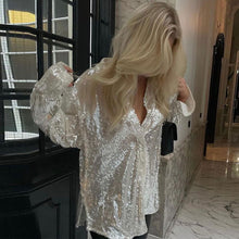 Load image into Gallery viewer, 2022 Summer Fashion Women&#39;s Clothing Silver Glitter Loose Long Sleeves Cardigan Shirt Party Rave Festival Sexy Tops Club Beach V