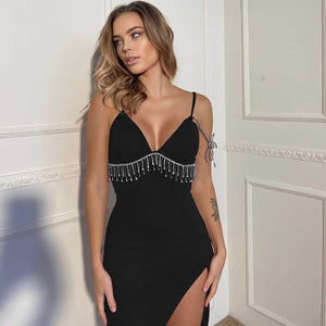 2022 Summer Hot Black Spaghetti Chain Strap Backless Midi Dress  Club Casual Evening Party Prom Sexy V-Neck Split Folds Dresses