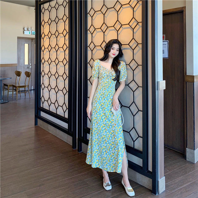 2022 Summer New Lovely  Dress Women With A Slim Waist Goddess Fan French Fairy Floral Dress