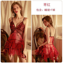 Load image into Gallery viewer, 2022 Summer New Sexy Lace Embroidery Nightdress Net Yarn Perspective Puffy Suspender Skirts with Panty Home Wear Two-piece Suit