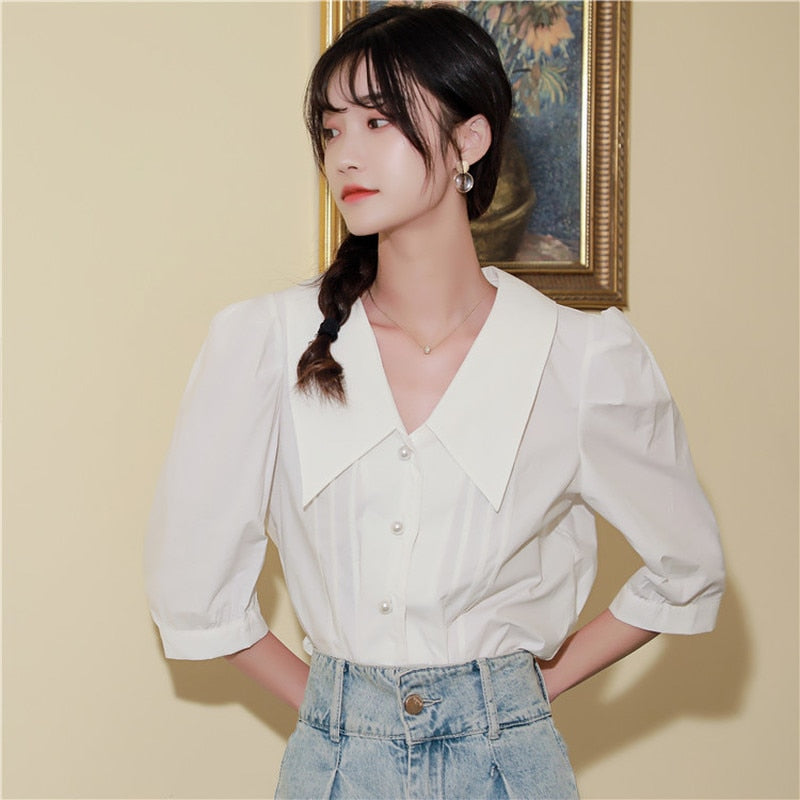 2022 Summer New Simple Short Sleeve Women Tops Temperament All-match French Style Vintage Shirts Solid Office Lady Blusas