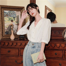 Load image into Gallery viewer, 2022 Summer New Simple Short Sleeve Women Tops Temperament All-match French Style Vintage Shirts Solid Office Lady Blusas