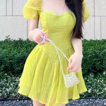 Load image into Gallery viewer, 2022 Summer New Women Dress Sexy Square Neck Pleated Puff Sleeve young girl Mini Dress Sweet Slim Elegant Fairy vestido