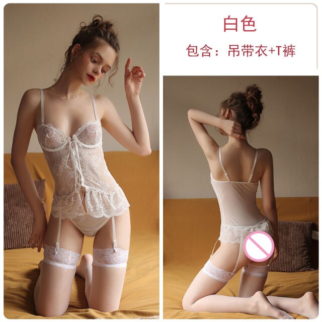 2022 Summer New Women Sexy Lingerie Gothic Sexy Mesh See-through Cross Strap Tights Suit Temptation Maid Cosplay Uniform 2Pcs