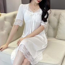 Load image into Gallery viewer, 2022 Summer Short Sleeve Sexy Lace V-neck Silk Satin Nightgown for Women Cute Court Sleepwear Nightdress Night Dress Home Nighty