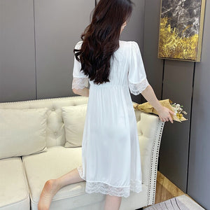 2022 Summer Short Sleeve Sexy Lace V-neck Silk Satin Nightgown for Women Cute Court Sleepwear Nightdress Night Dress Home Nighty