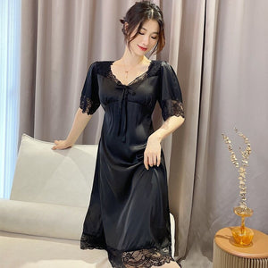 2022 Summer Short Sleeve Sexy Lace V-neck Silk Satin Nightgown for Women Cute Court Sleepwear Nightdress Night Dress Home Nighty