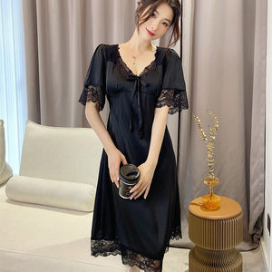 2022 Summer Short Sleeve Sexy Lace V-neck Silk Satin Nightgown for Women Cute Court Sleepwear Nightdress Night Dress Home Nighty