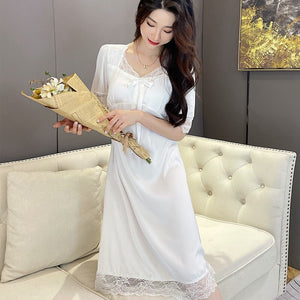 2022 Summer Short Sleeve Sexy Lace V-neck Silk Satin Nightgown for Women Cute Court Sleepwear Nightdress Night Dress Home Nighty