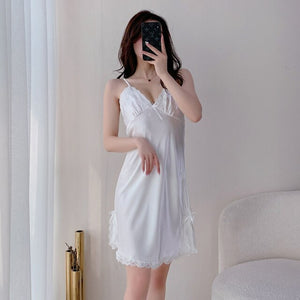 2022 Summer Silk Satin Sexy Leopard Spaghetti Strap Mini Dress Nightgowns for Women Lace Sleepwear Nightdress Night Dress Nighty