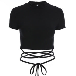 2022 Summer Women Black Short T-Shirts Sexy Crop Tops Short Sleeve Bandage Tee Tops Female Shirts