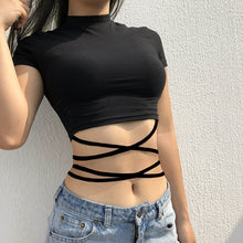 Load image into Gallery viewer, 2022 Summer Women Black Short T-Shirts Sexy Crop Tops Short Sleeve Bandage Tee Tops Female Shirts