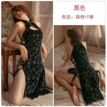 Load image into Gallery viewer, 2022 Summer Women Retro Cheongsam Sleepwear Gothic Style Velvet Side Bandage High Split Qipao Temptation Bedroom Nightdress
