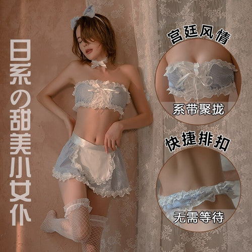 2022 Summer Women Sexy Kawaii Lace Blue Plaid Tube Top Nightdress Anime Cosplay Maid Japanese Costumes Erotic Lingerie Set 7Pcs