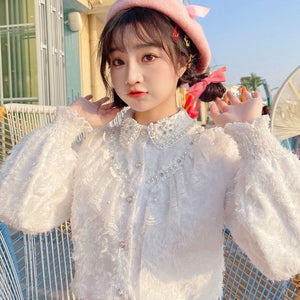 2022 Sweet Beading Kawaii Blouses Women New Spliced Lace Shirts Schoolgirl Single Breasted Diamonds White Lolita Tops Spring