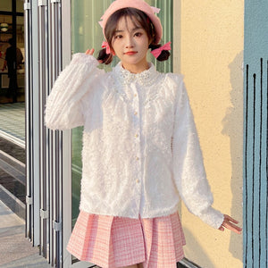 2022 Sweet Beading Kawaii Blouses Women New Spliced Lace Shirts Schoolgirl Single Breasted Diamonds White Lolita Tops Spring