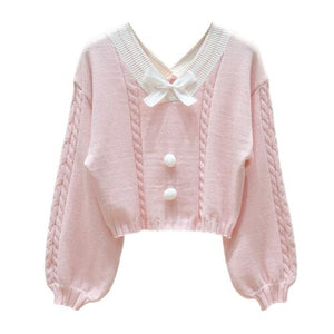 2022 Sweet New V-neck Crop Knit Pullover Fashion Fresh Bow Sweater Cute Long Sleeve Japan Style Spring Kawaii Jumper Femme
